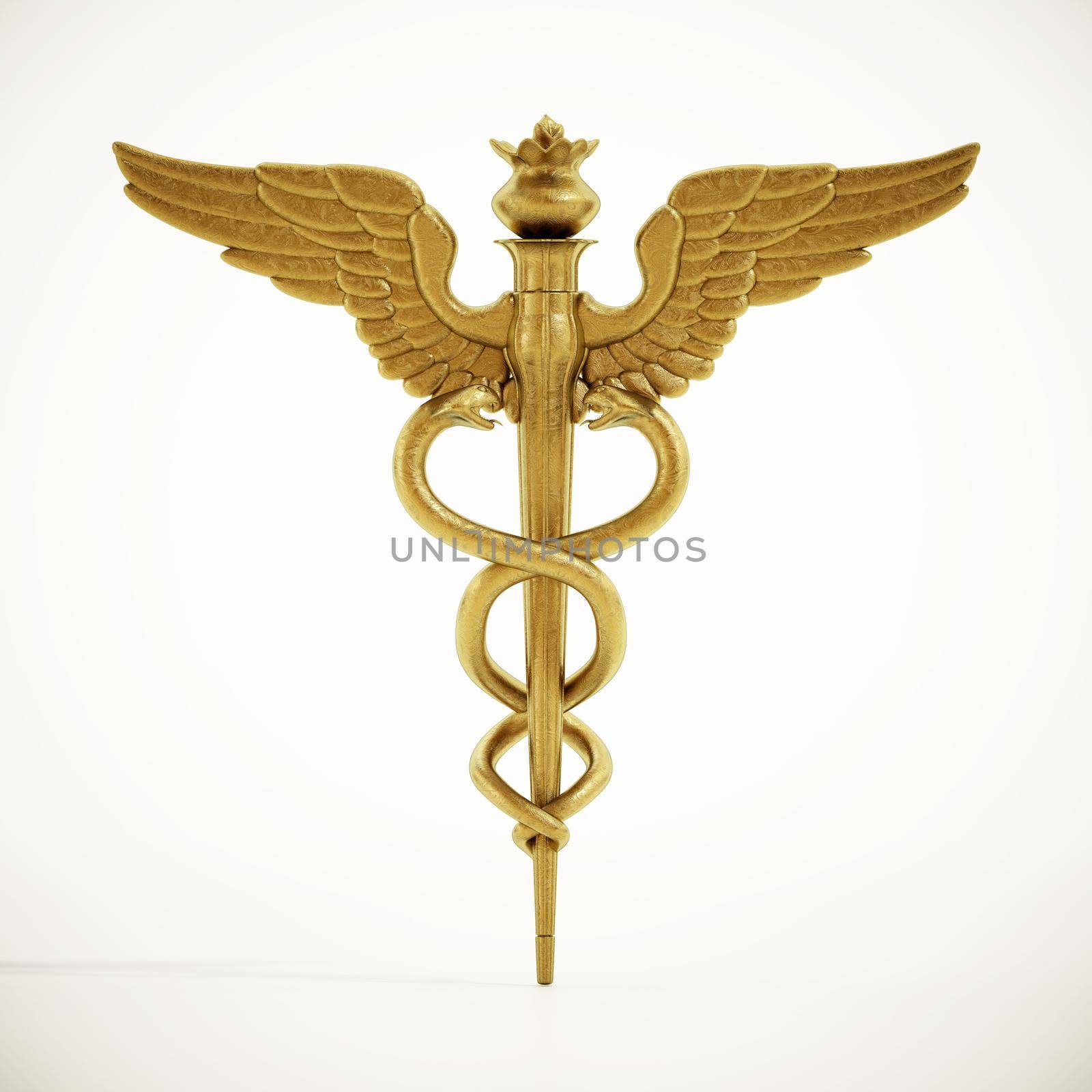 Gold caduceus symbol isolated on white background. 3D illustration by Simsek