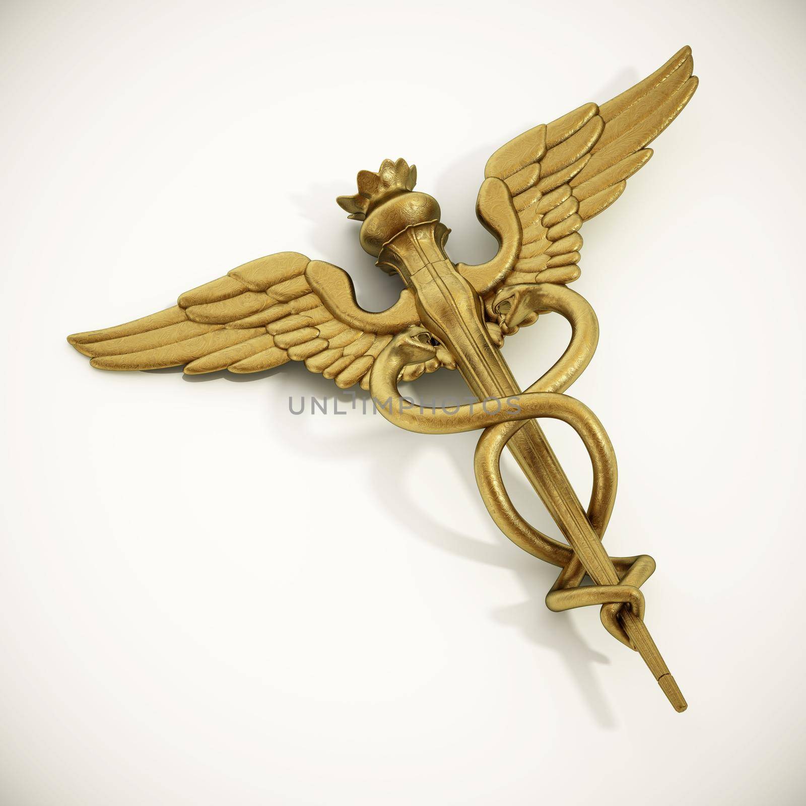 Gold caduceus symbol isolated on white background. 3D illustration by Simsek