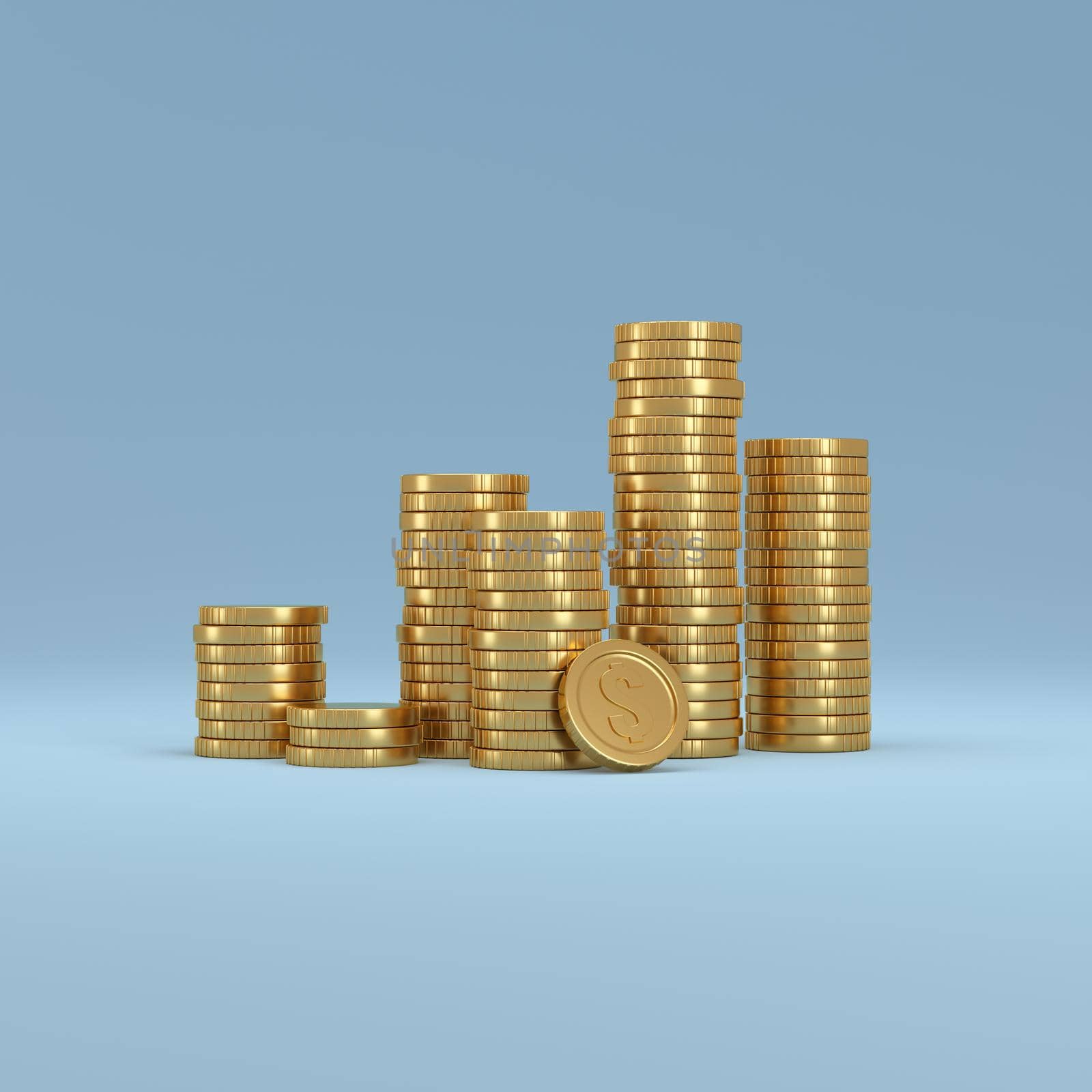 Stack of gold dollar coins on blue background. with concept of profit. by ImagesRouges
