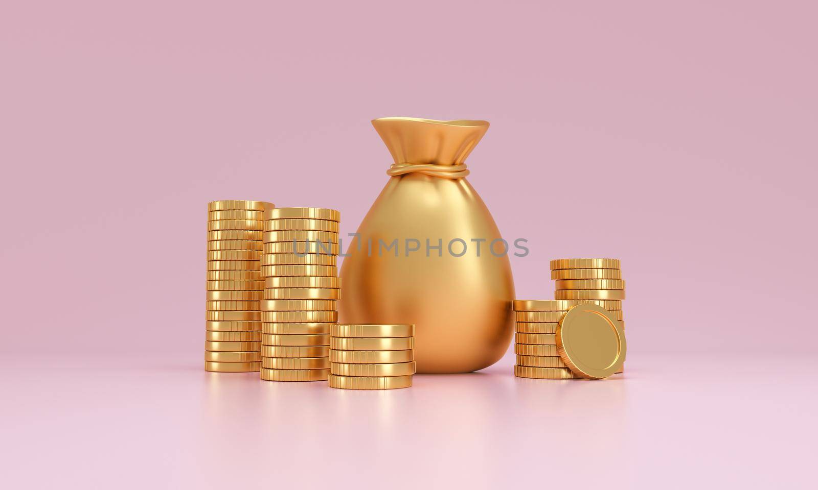 Stack of gold coins and a sack of money on a pink background. abundance concept. by ImagesRouges