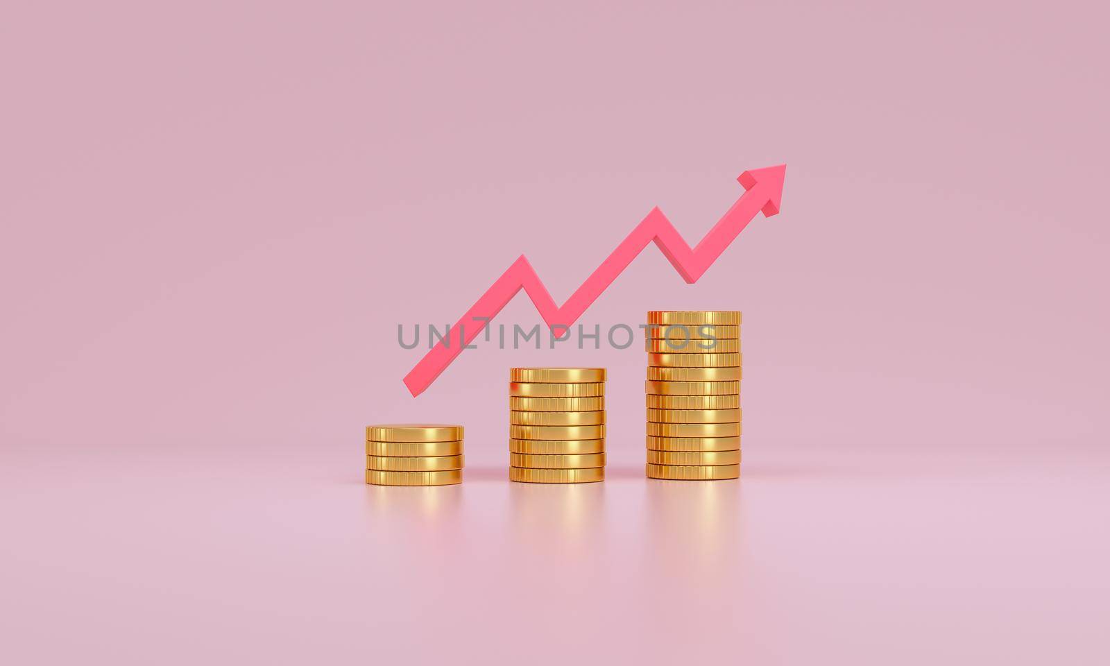 Up arrow and coin stacks on pink background. Growth and financial success concept. 3d rendering