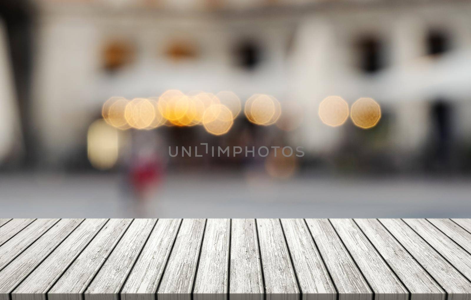 White wooden table on abstract blurred terrace square background. by ImagesRouges