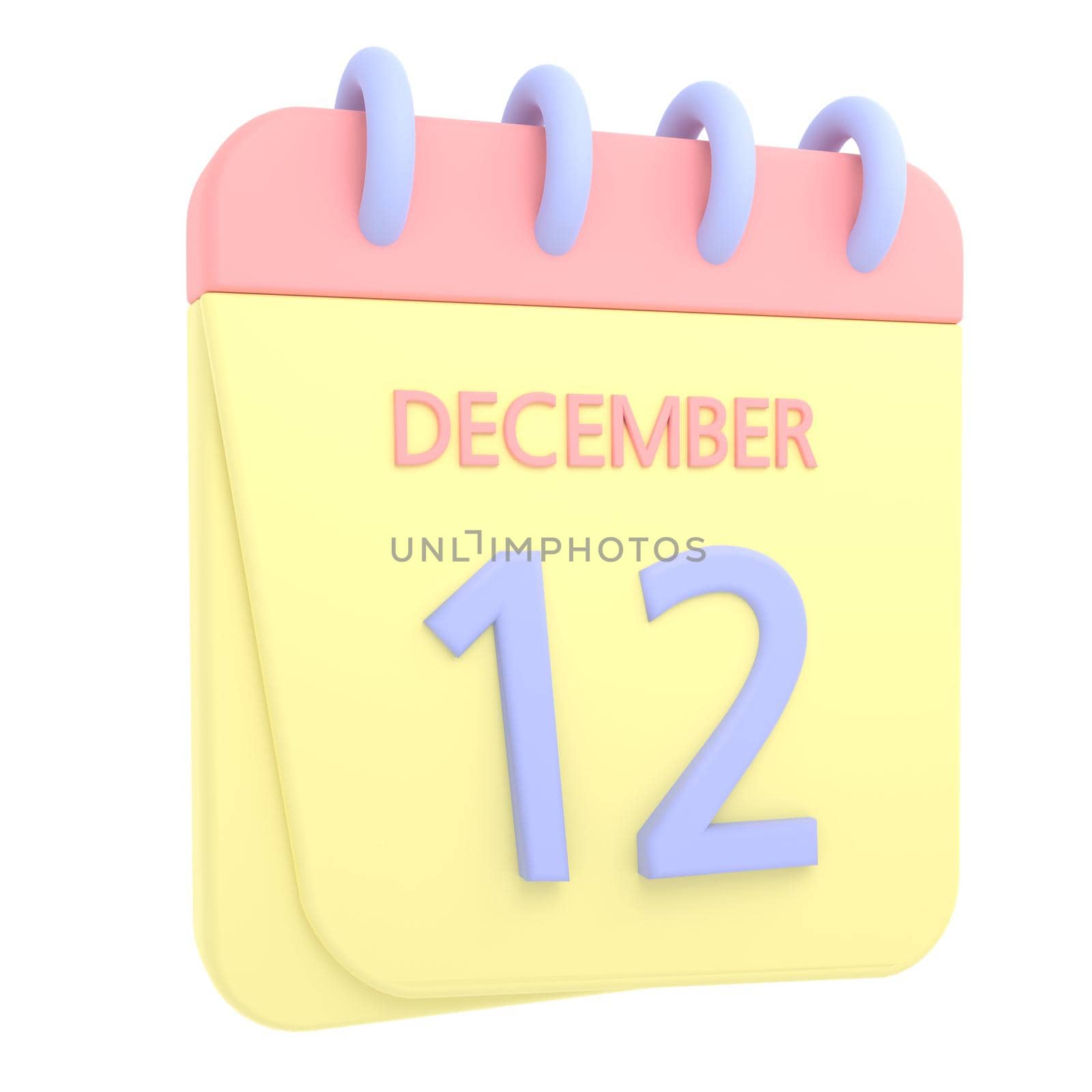 12th December 3D calendar icon. Web style. High resolution image. White background