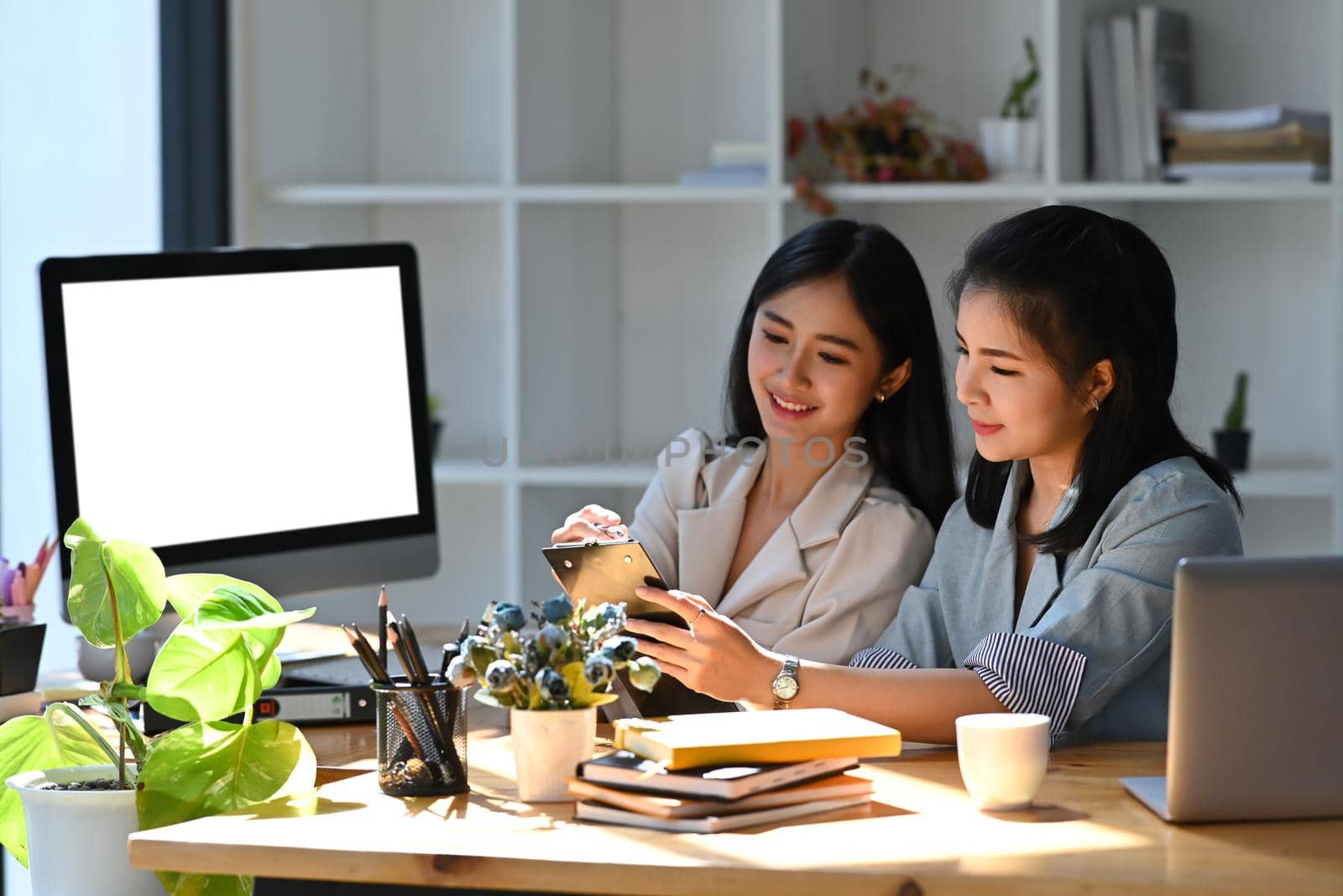 Two young female office workers sharing idea and working on project together.