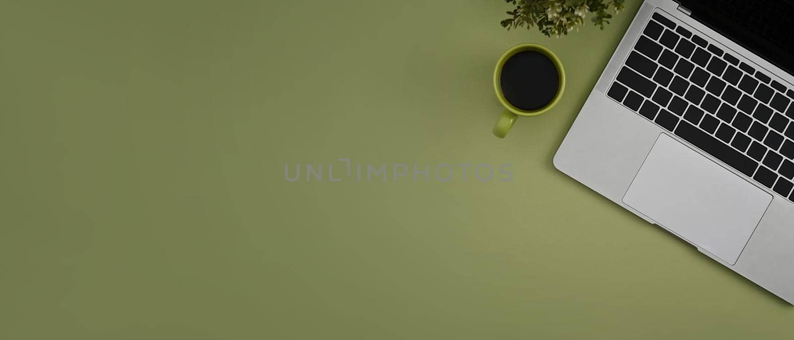Flat lay computer laptop, coffee cup and houseplant on green background with copy space.