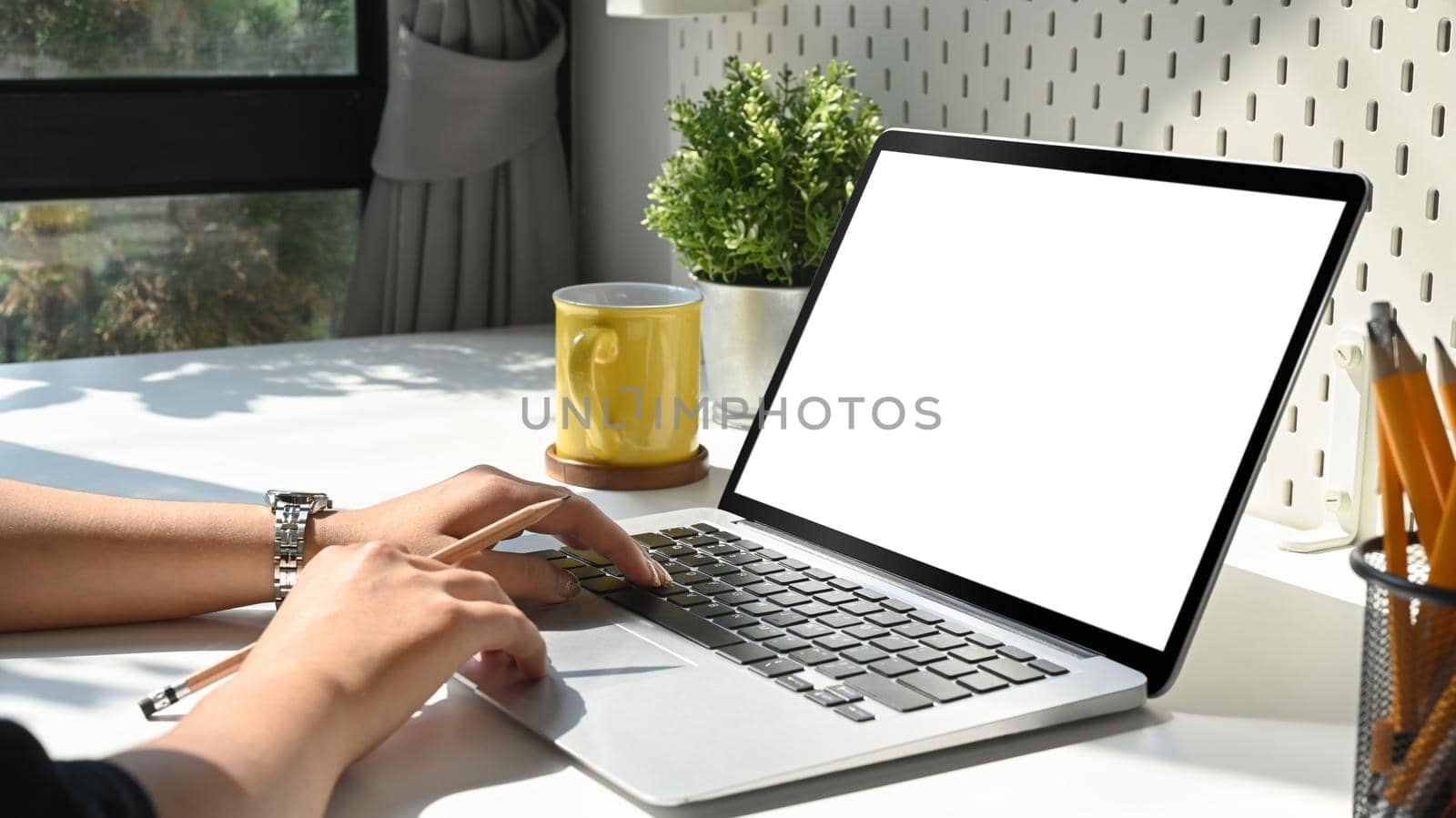 Female freelancer using laptop computer at bright modern home office.