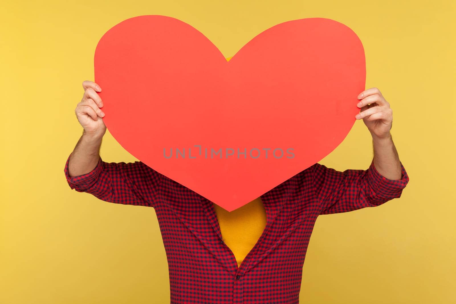 Anonymous person in checkered shirt hiding behind big red paper heart, holding symbol of love care, cardiac issues, demonstrating affection feelings with greeting card on Valentine's Day. isolated