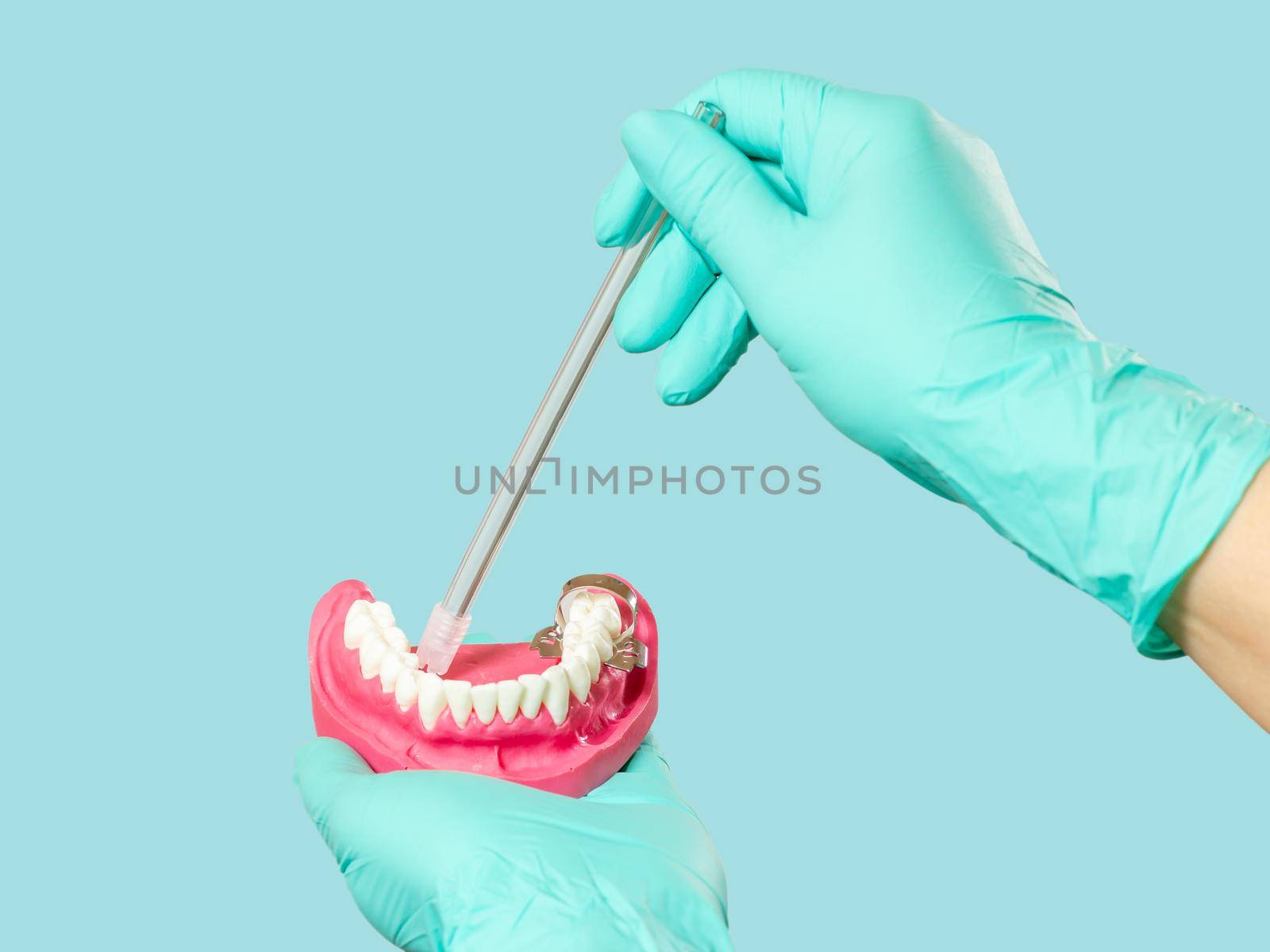 Dentist's hands in latex gloves with the saliva ejector and the human jaw layout on green mint. Medical tools concept.