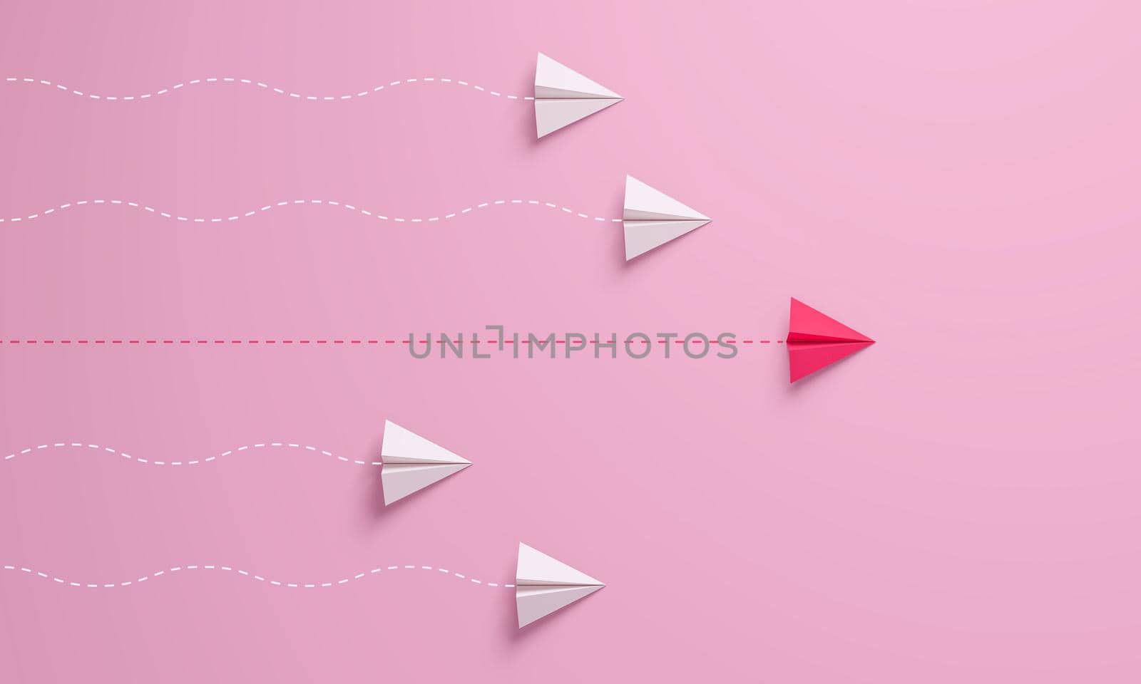 Women's leadership concepts with red paper airplane leading among white on pink background. by ImagesRouges