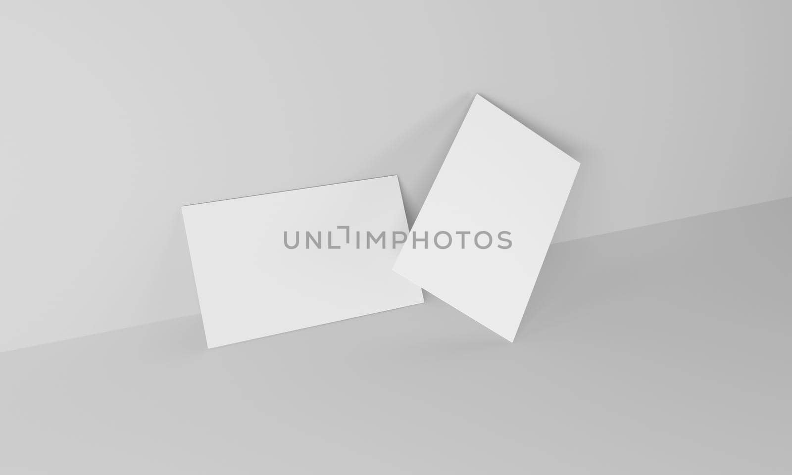 Business card on white background on the side. Mockup design. 3d rendering.