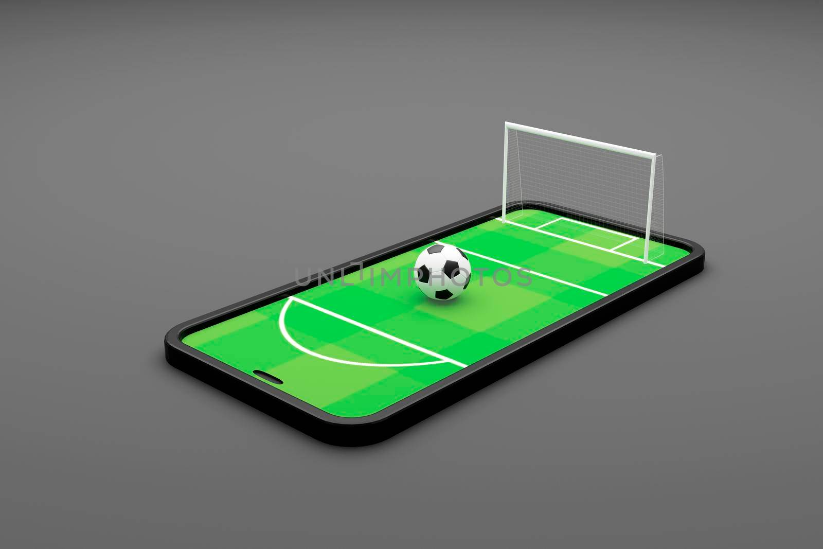Unusual 3d render of a soccer field and soccer ball on a smartphone screen. Watching soccer and betting online concept