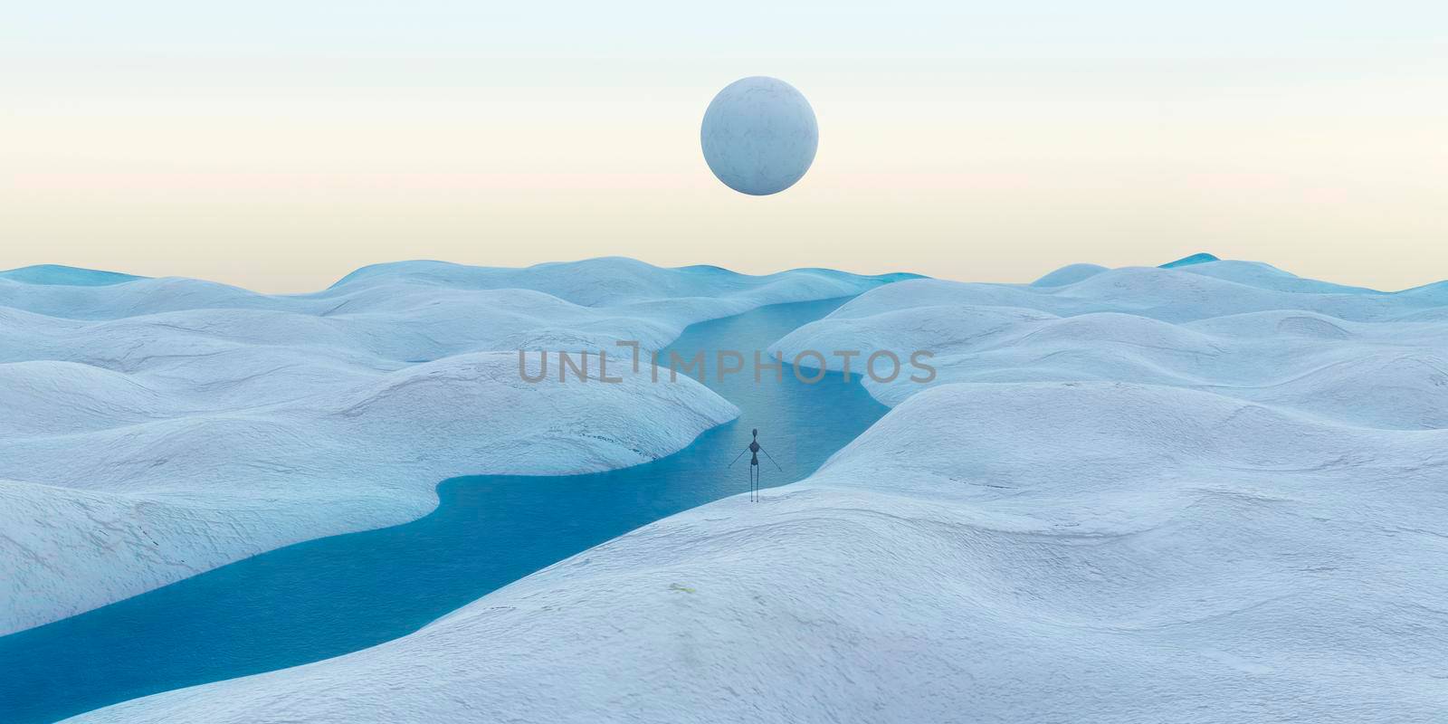 Solitude. Lonely man in surreal desert. 3D rendering.