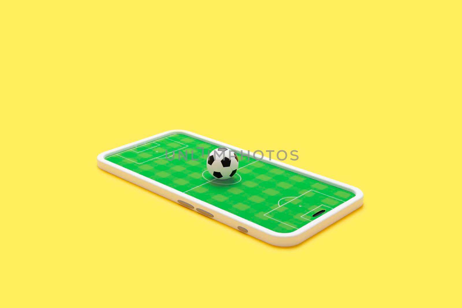 Football field on the smartphone screen and ball. 3d render by raferto1973
