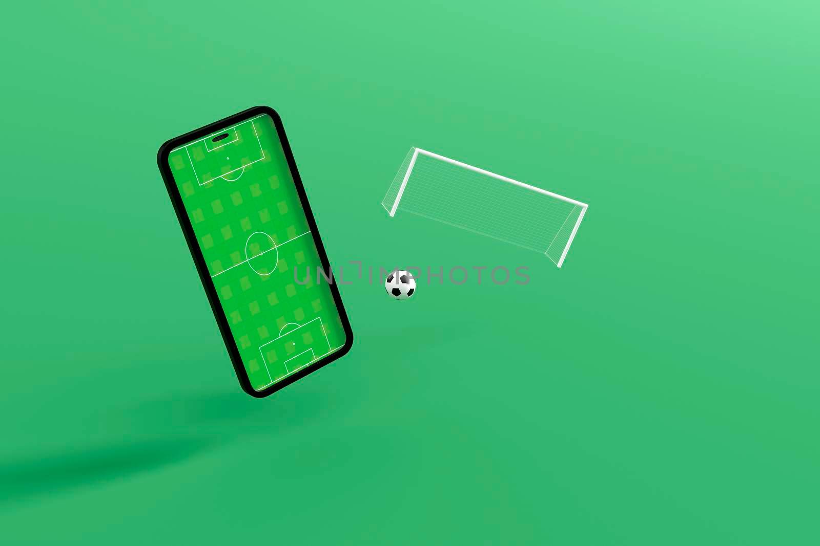Mobile football soccer. Online sport bet play match. Online soccer game with live mobile app. Football field on the smartphone screen and ball. Online ticket sales, sport betting concept. 3d illustration