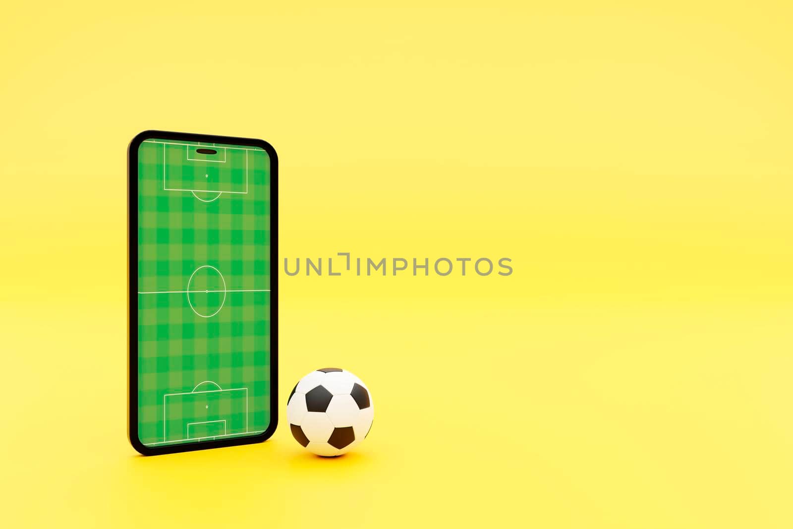 Mobile football soccer. Online sport bet play match. Online soccer game with live mobile app. Football field on the smartphone screen and ball. Online ticket sales, sport betting concept. 3d illustration