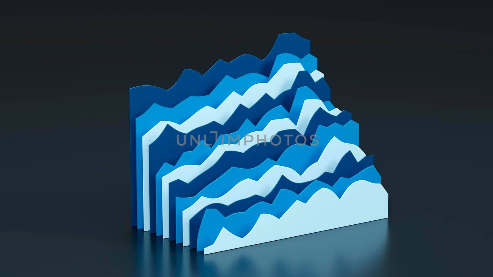 Set of blue charts on dark background. 3D render