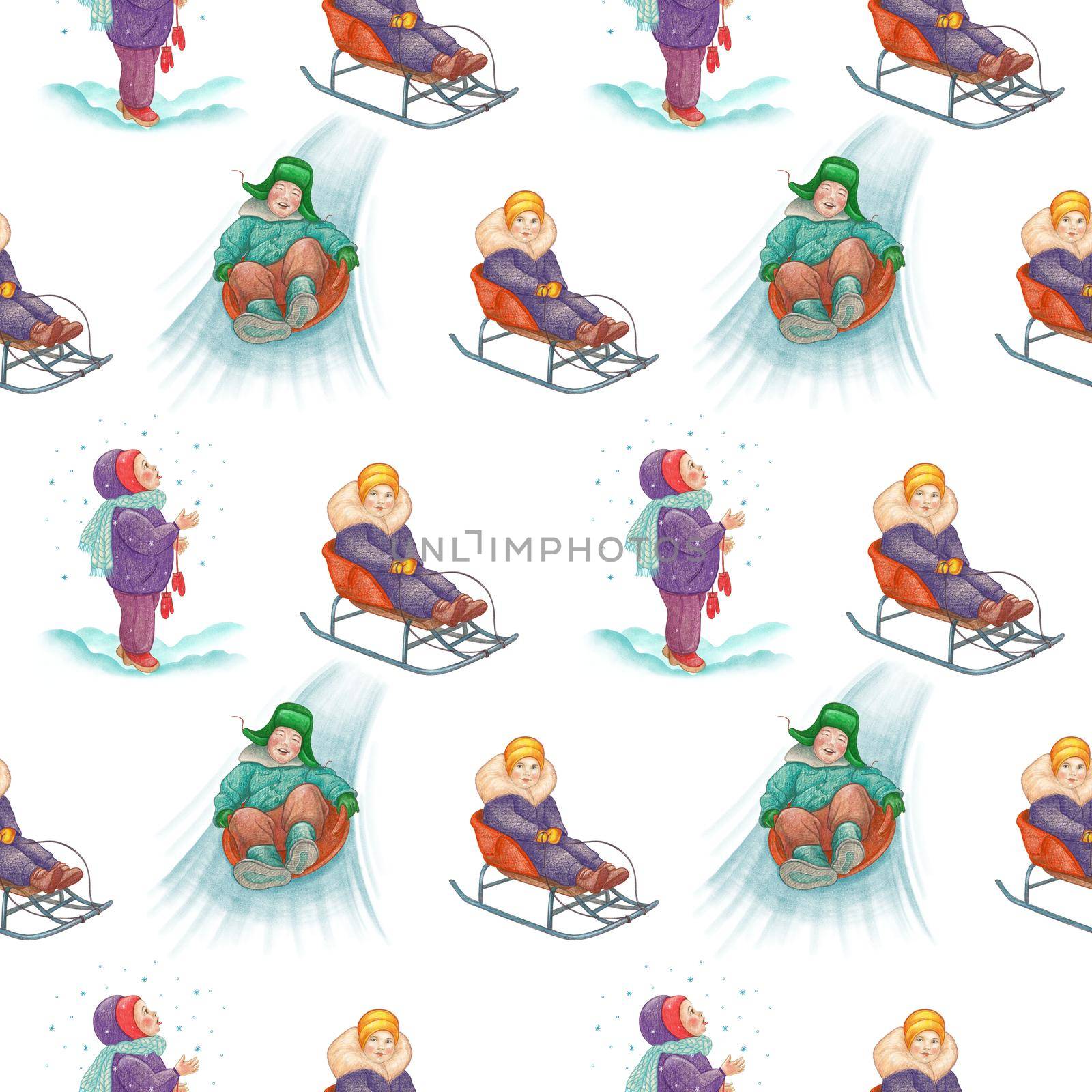 Seamless pattern. Winter. Children's fun. Children play outside, ride downhill, on a sled, catch snowflakes with their tongue. Watercolor illustration on a white background.