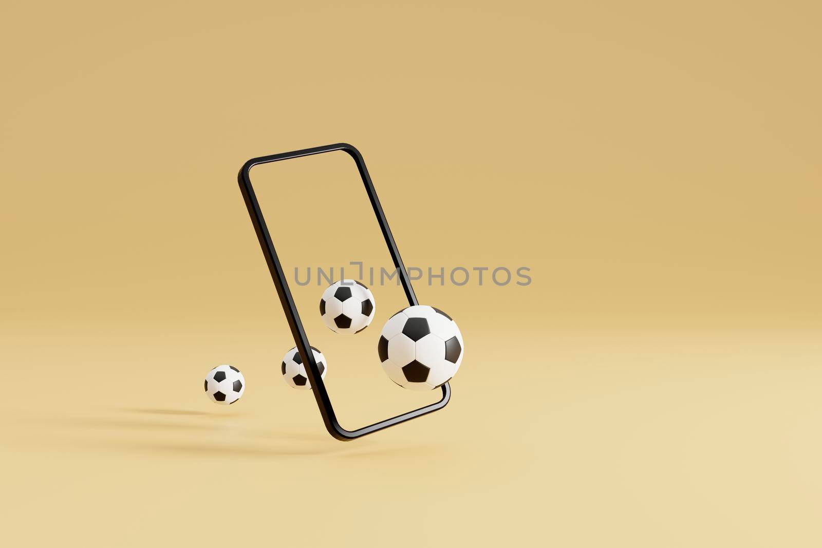 Smartphone with football soccer ball. online game or video stream. 3D Rendering by raferto1973