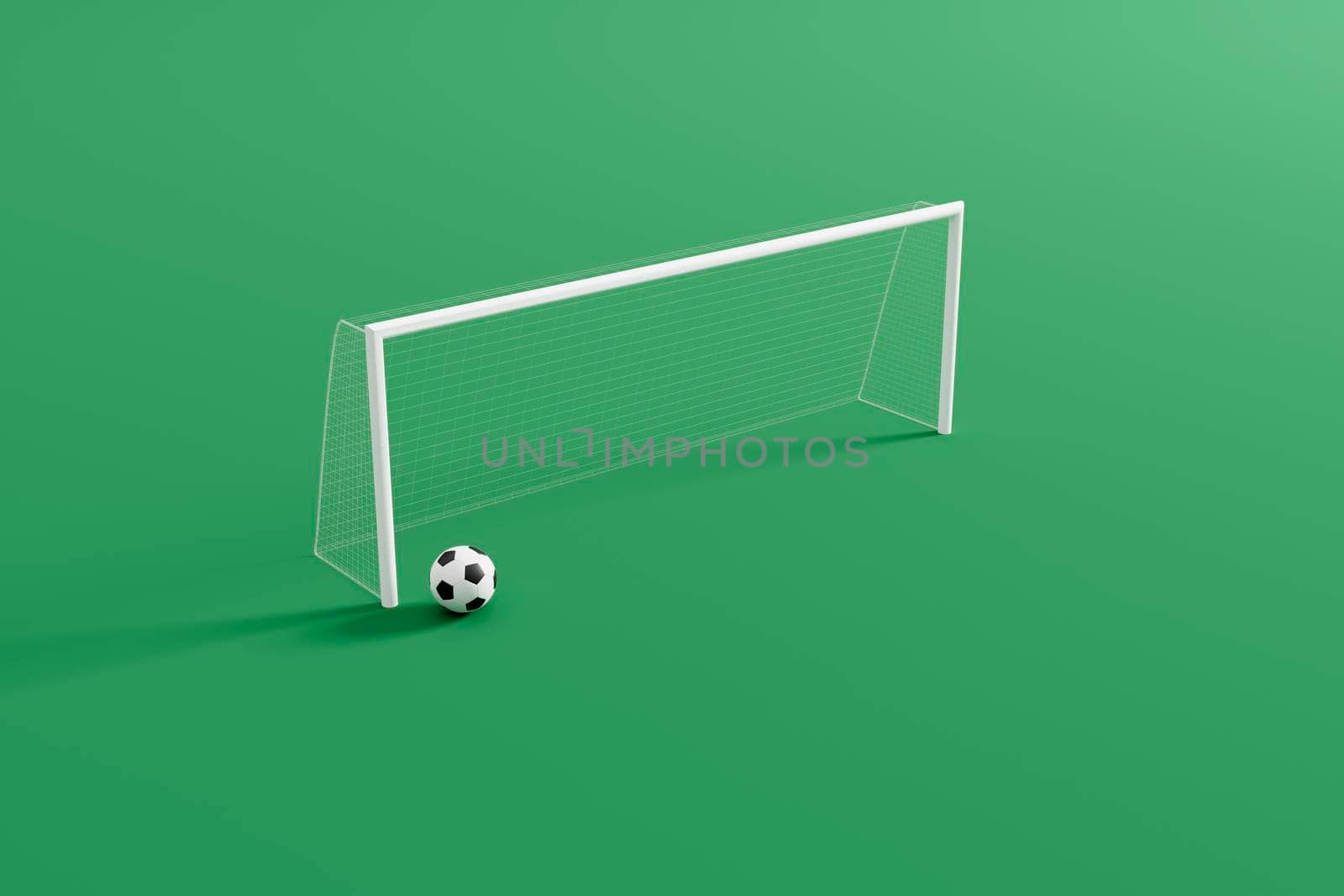 Green football courts with soccer ball and goal post, minimalist composition. 3d illustration by Antonelli