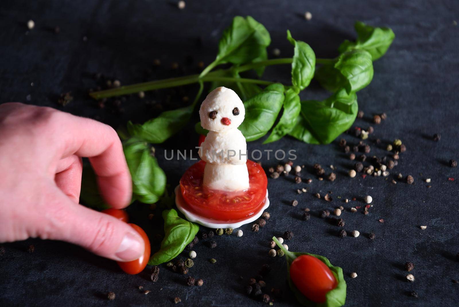 creative snowman canapes of mozzarella and tomatoes on a background of red poinsettia and a scattering of black pepper and green basil. High quality photo