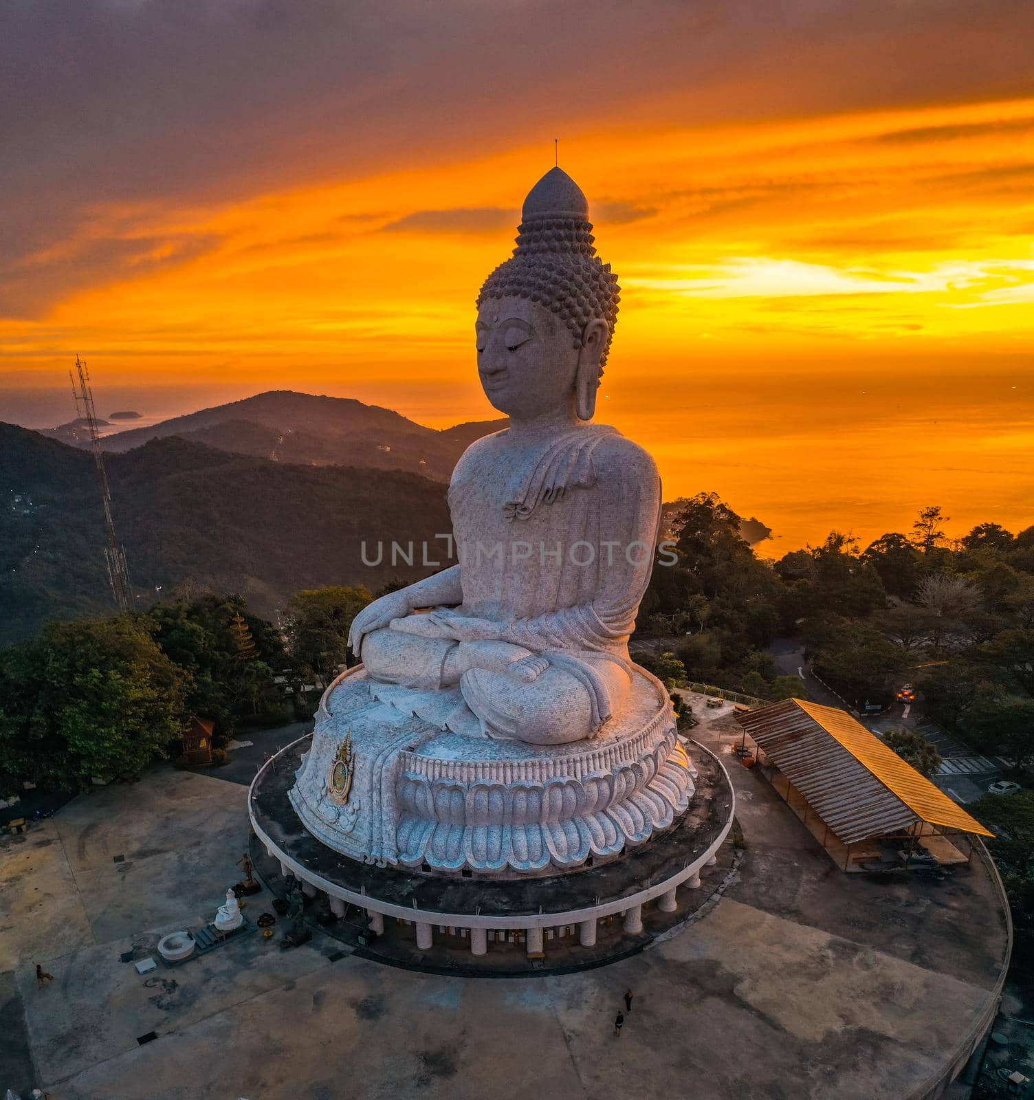 Aerial view of Big Buddha viewpoint at sunset in Phuket province, Thailand. High quality 4k footage