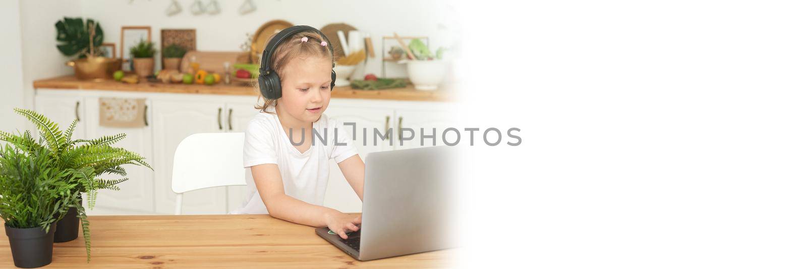 Online education for children. Schoolgirl watching online lesson via videoconference by laptop video chat from home. Web banner