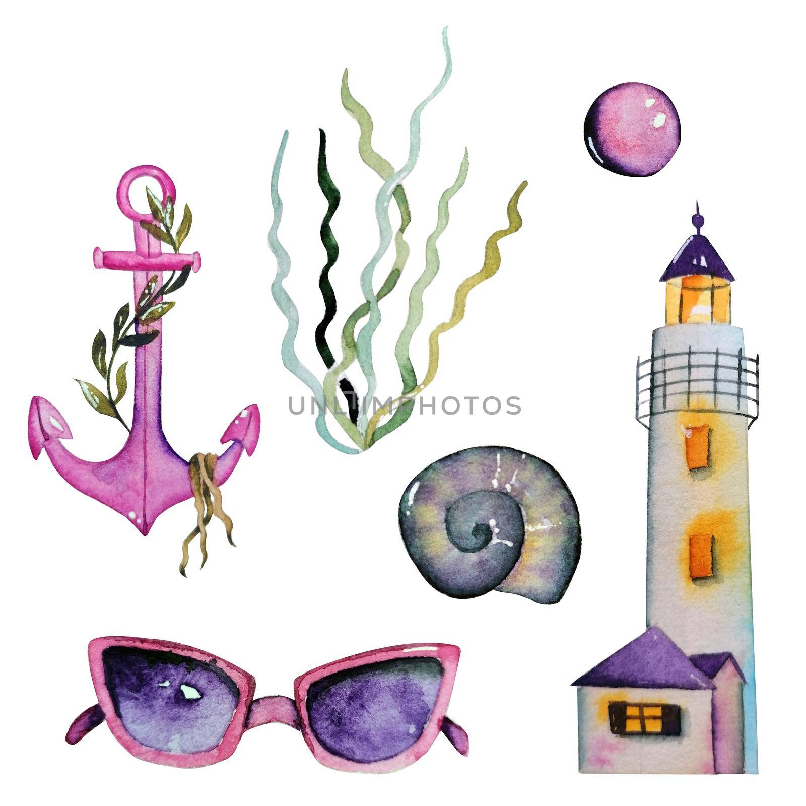 Watercolor tropical vacation set. Hand painted summer beach objects: sunglasses, lighthouse, seashell, seaweed and anchor. Illustration isolated on white background.