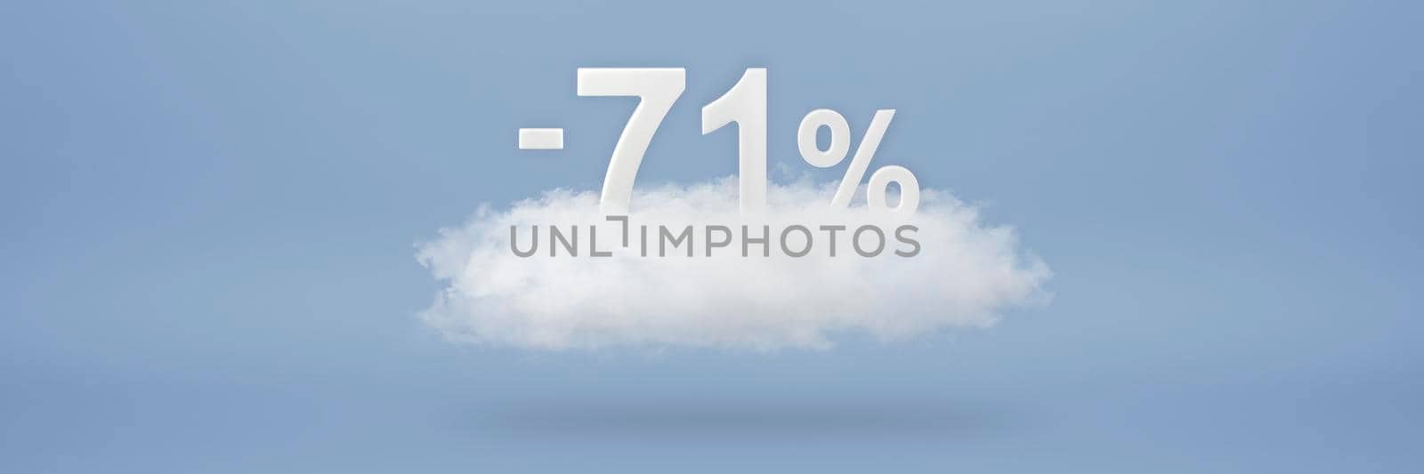 Discount 71 percent. Big discounts, sale up to seventy one percent. 3D numbers float on a cloud on a blue background. Copy space. Advertising banner and poster to be inserted into the project by SERSOL