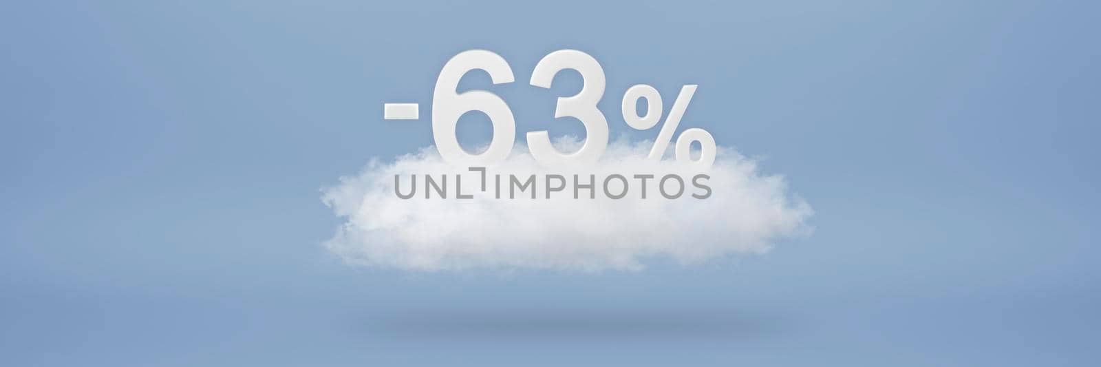 Discount 63 percent. Big discounts, sale up to sixty three percent. 3D numbers float on a cloud on a blue background. Copy space. Advertising banner and poster to be inserted into the project by SERSOL