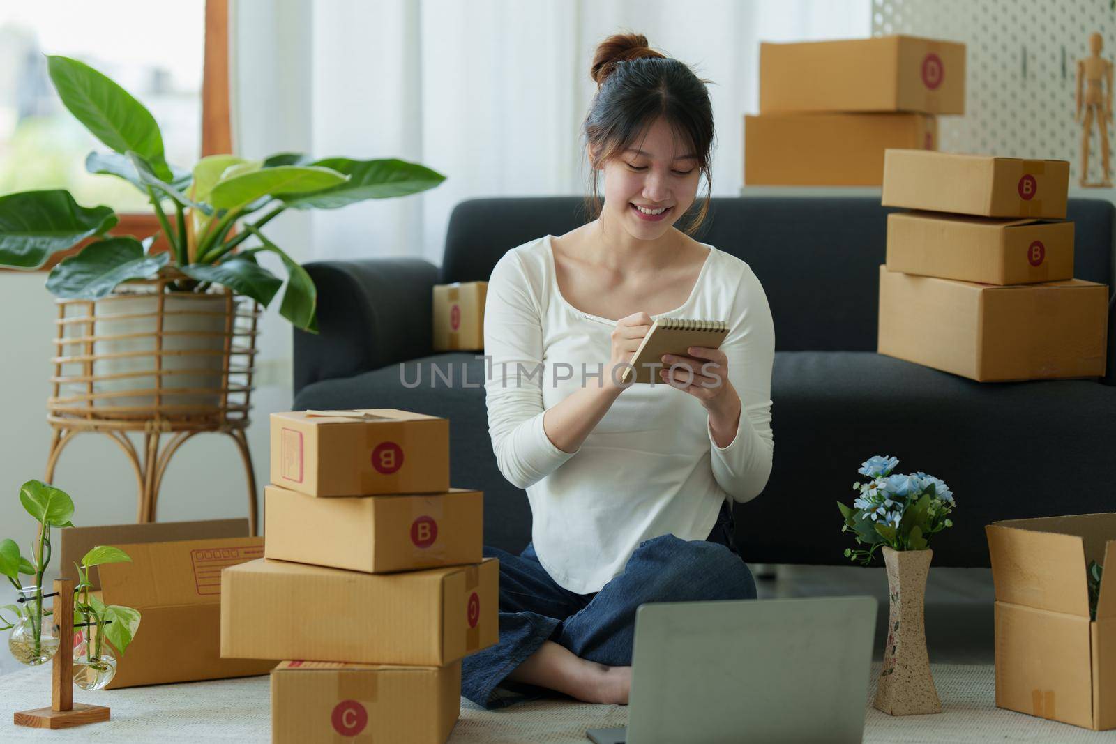 Asian small business owner working at home office. Business retail market and online sell marketing delivery, SME e-commerce concept