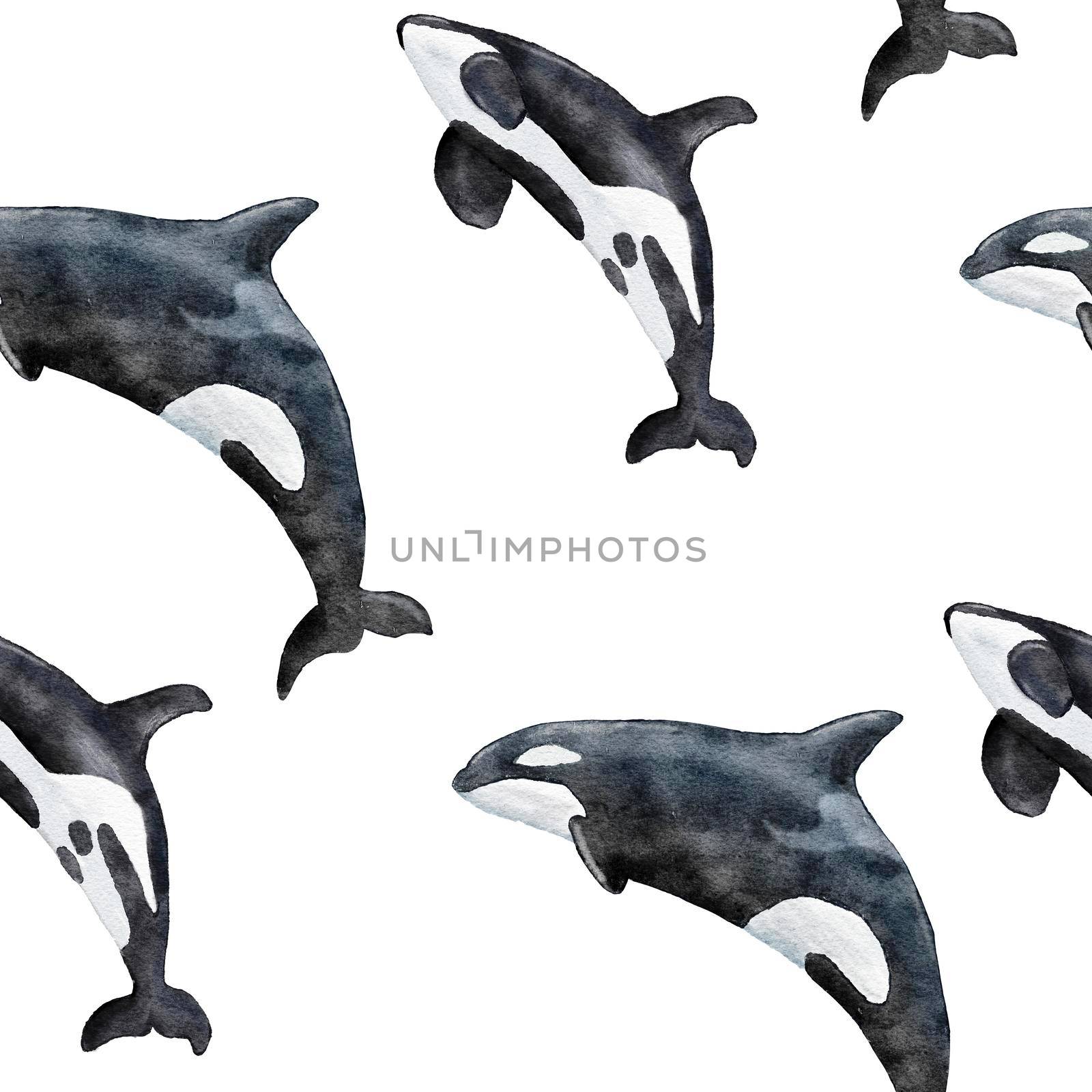 Hand drawn watercolor seamless pattern with orca killer whale. Sea ocean marine animal, nautical underwater endangered mammal species. Blue gray illustration for fabric nursery decor, under the sea prints. by Lagmar
