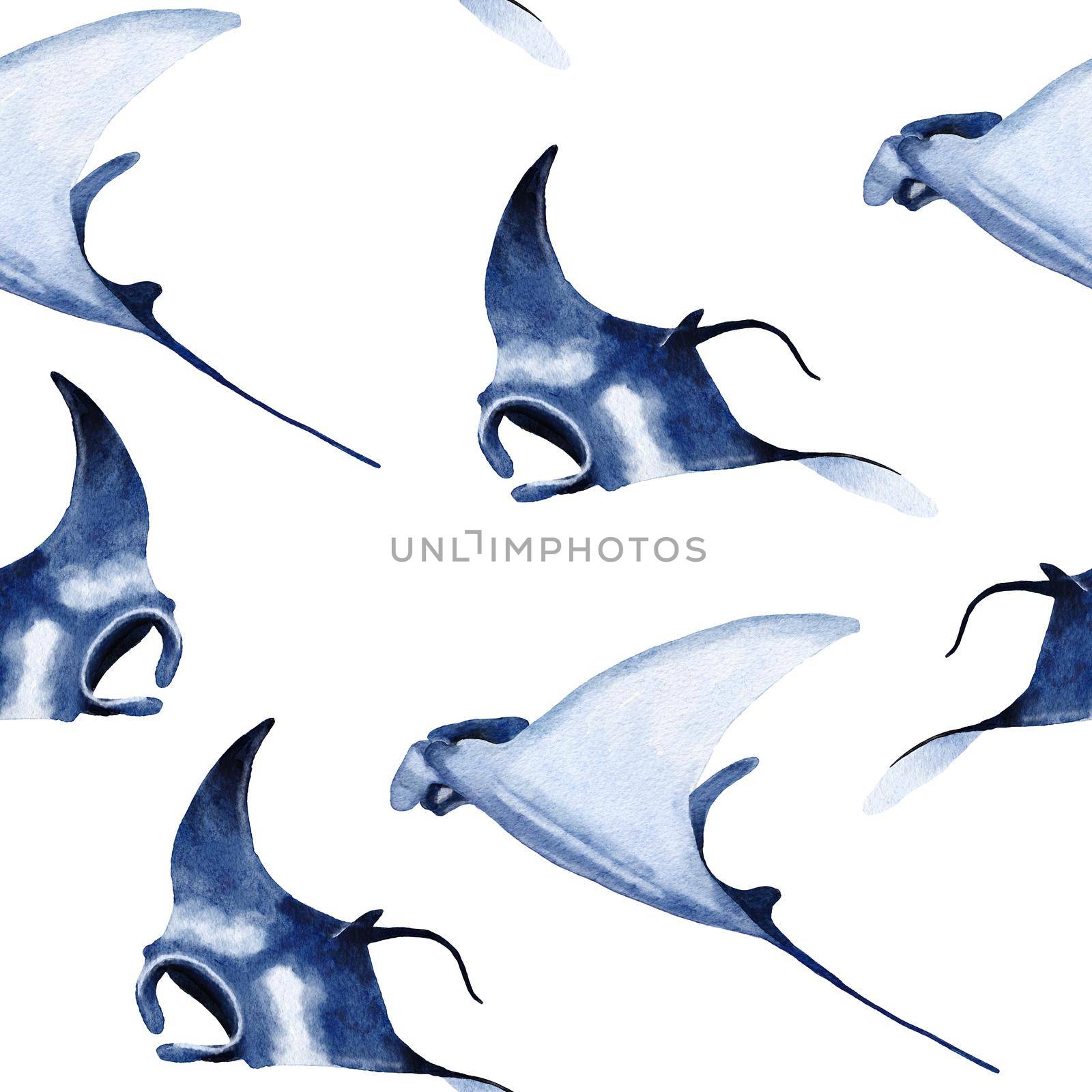Hand drawn watercolor seamless pattern with manta ray. Sea ocean marine animal, nautical underwater endangered mammal species. Blue gray illustration for fabric nursery decor, under the sea prints. by Lagmar