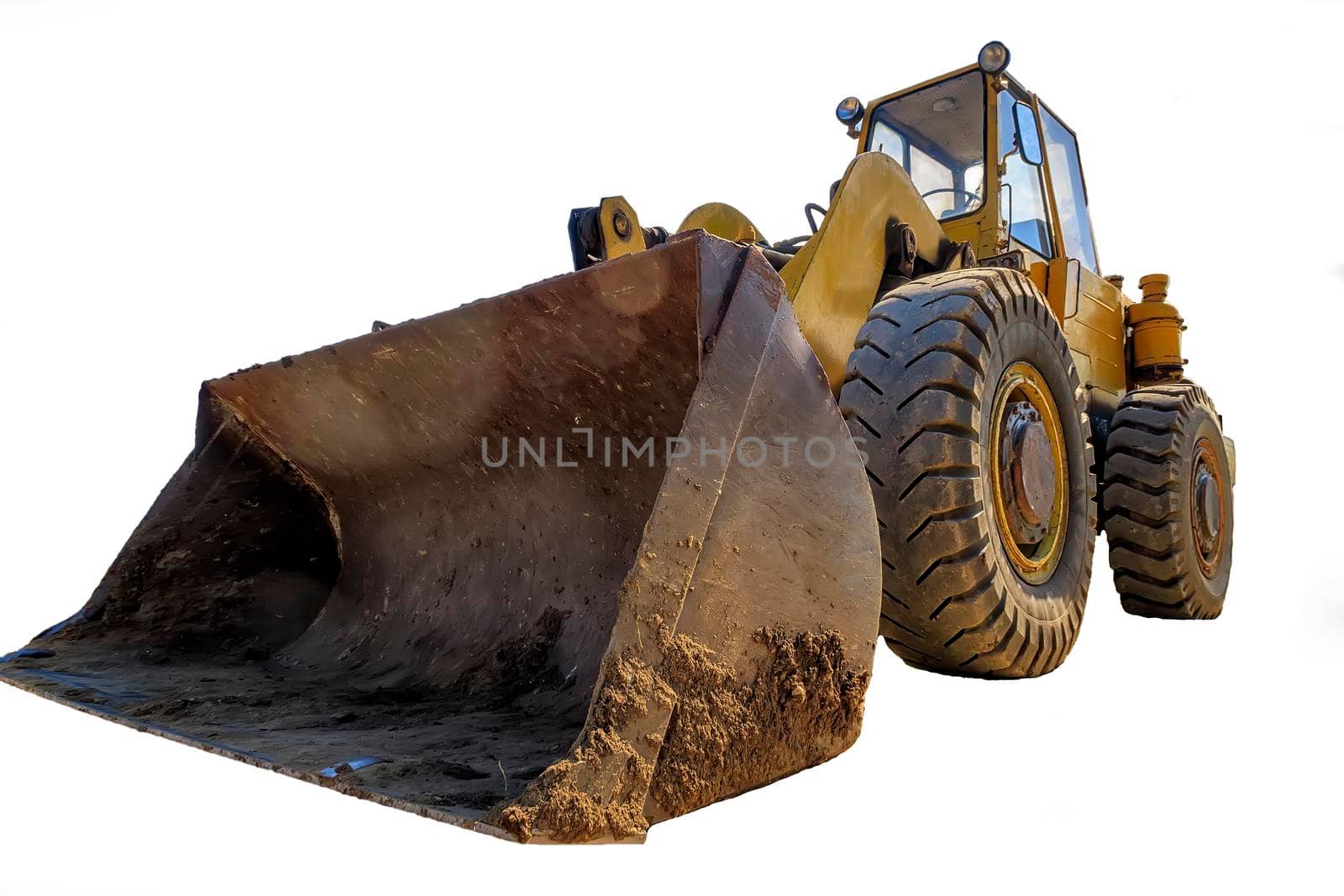 Big Yellow excavator, isolated on white background.