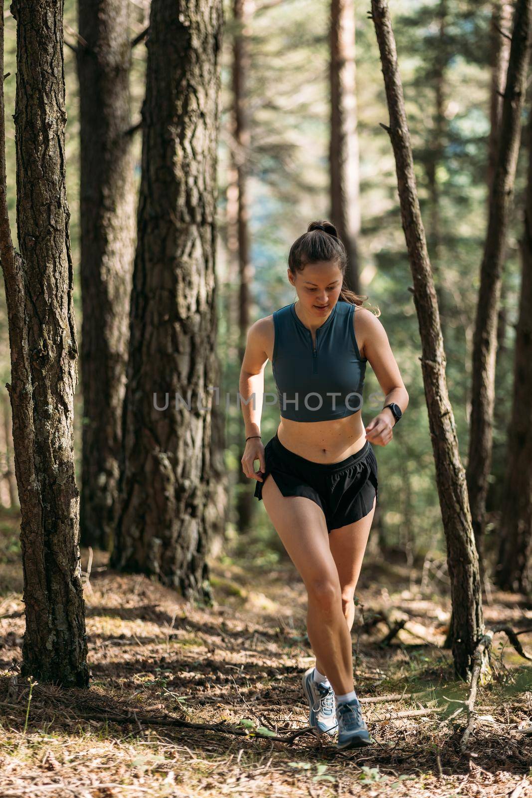 Young woman in sportswear enjoy trail running in coniferous forest. Female runner is working out in morning. Healthy lifestyle outdoors concept