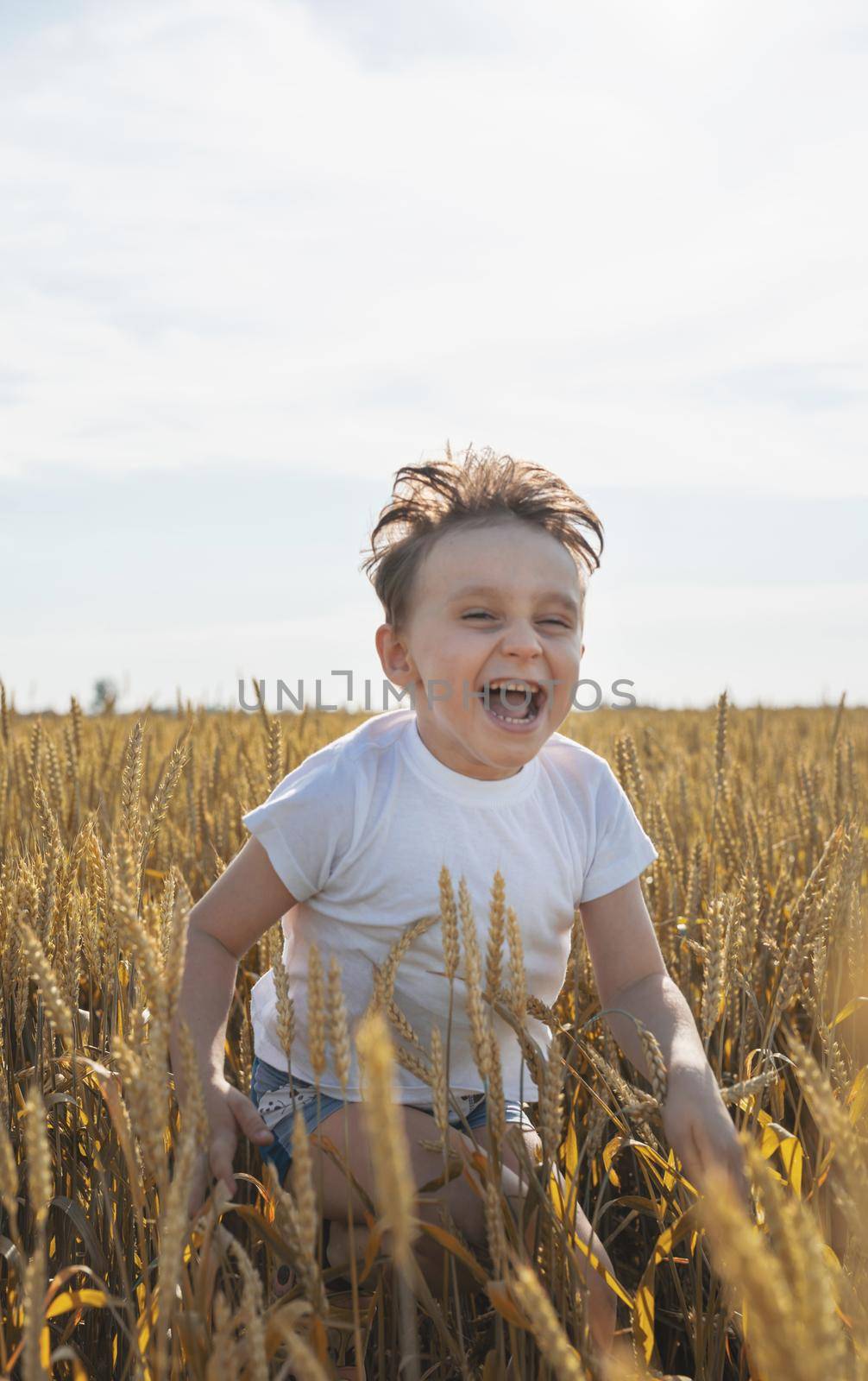 Cute boy walking across the wheat field, making funny faces by Desperada