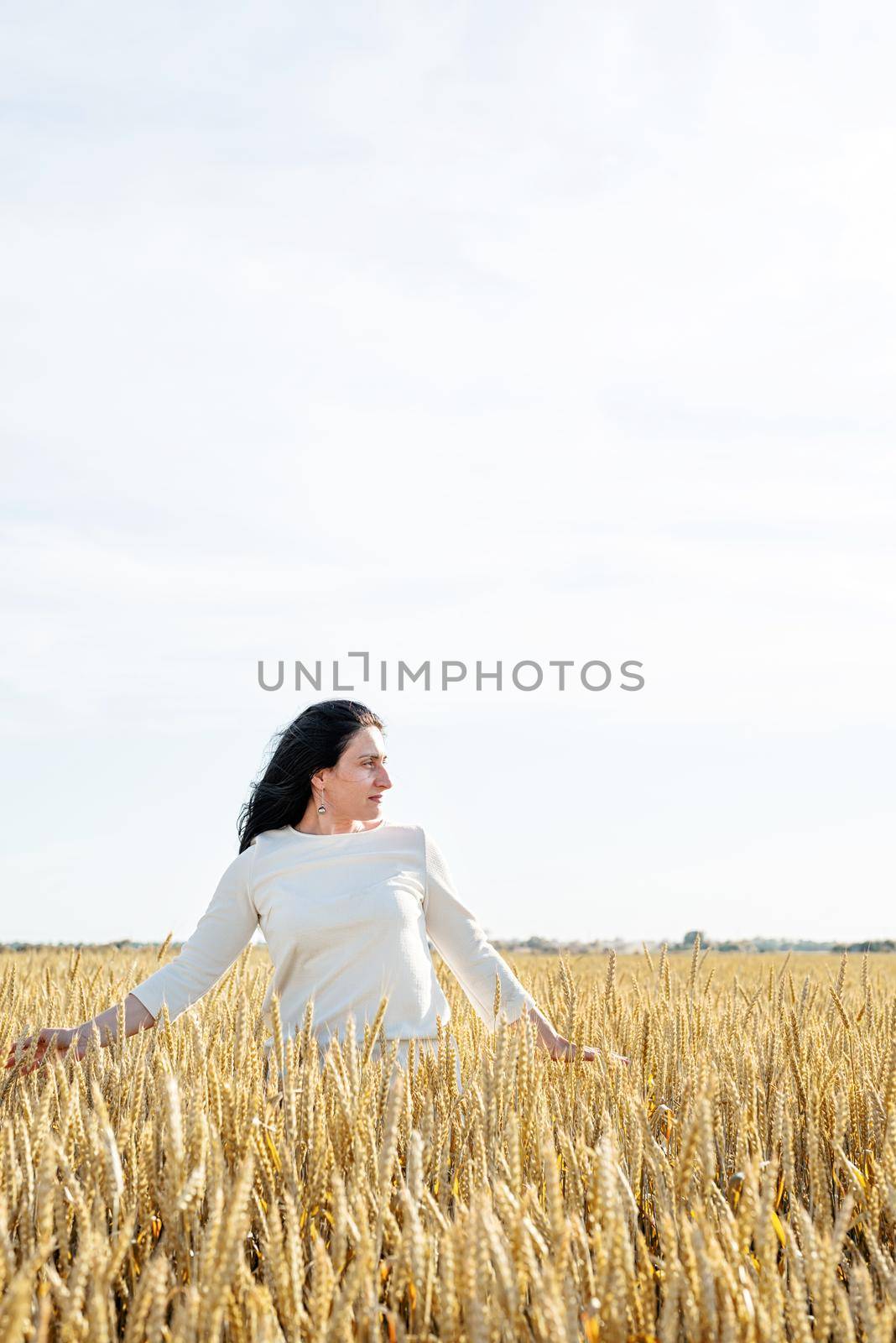 Mid adult woman in white dress standing on a wheat field with sunrise on the background, back view by Desperada