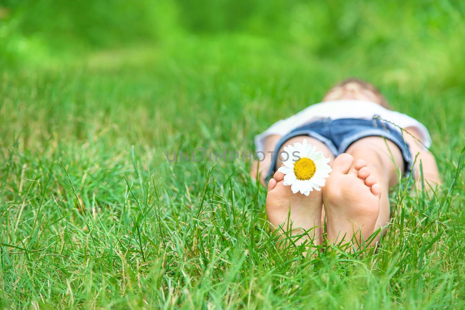 Children's feet with chamomile on green grass. Selective focus. by yanadjana