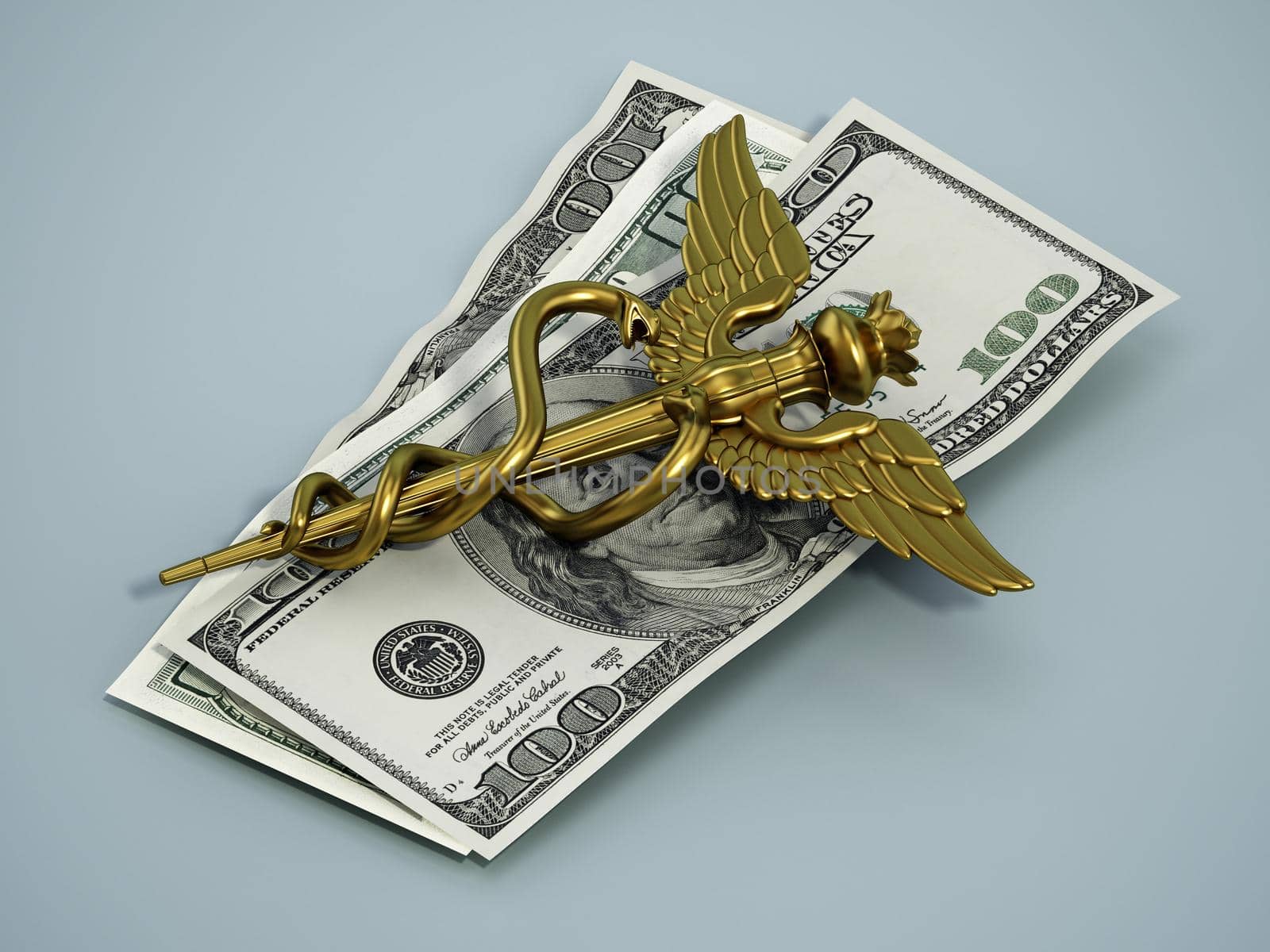 Gold caduceus symbol standing on dollar bills. 3D illustration.