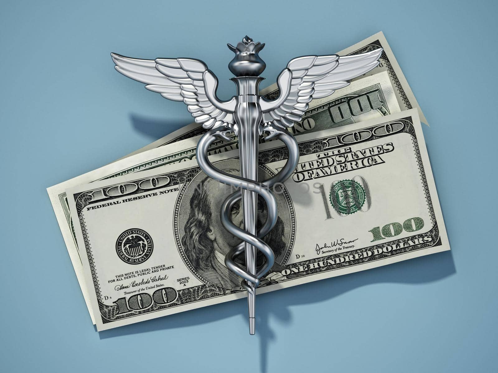 Silver caduceus symbol standing on dollar bills. 3D illustration by Simsek