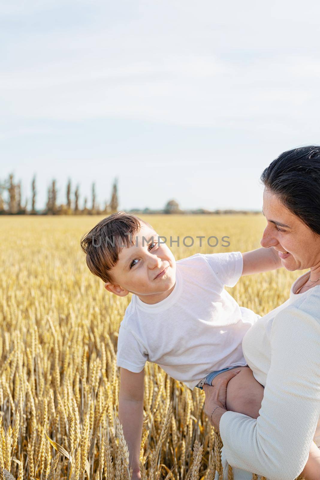 Happy family of mother and infant child walking on wheat field, family portrait by Desperada