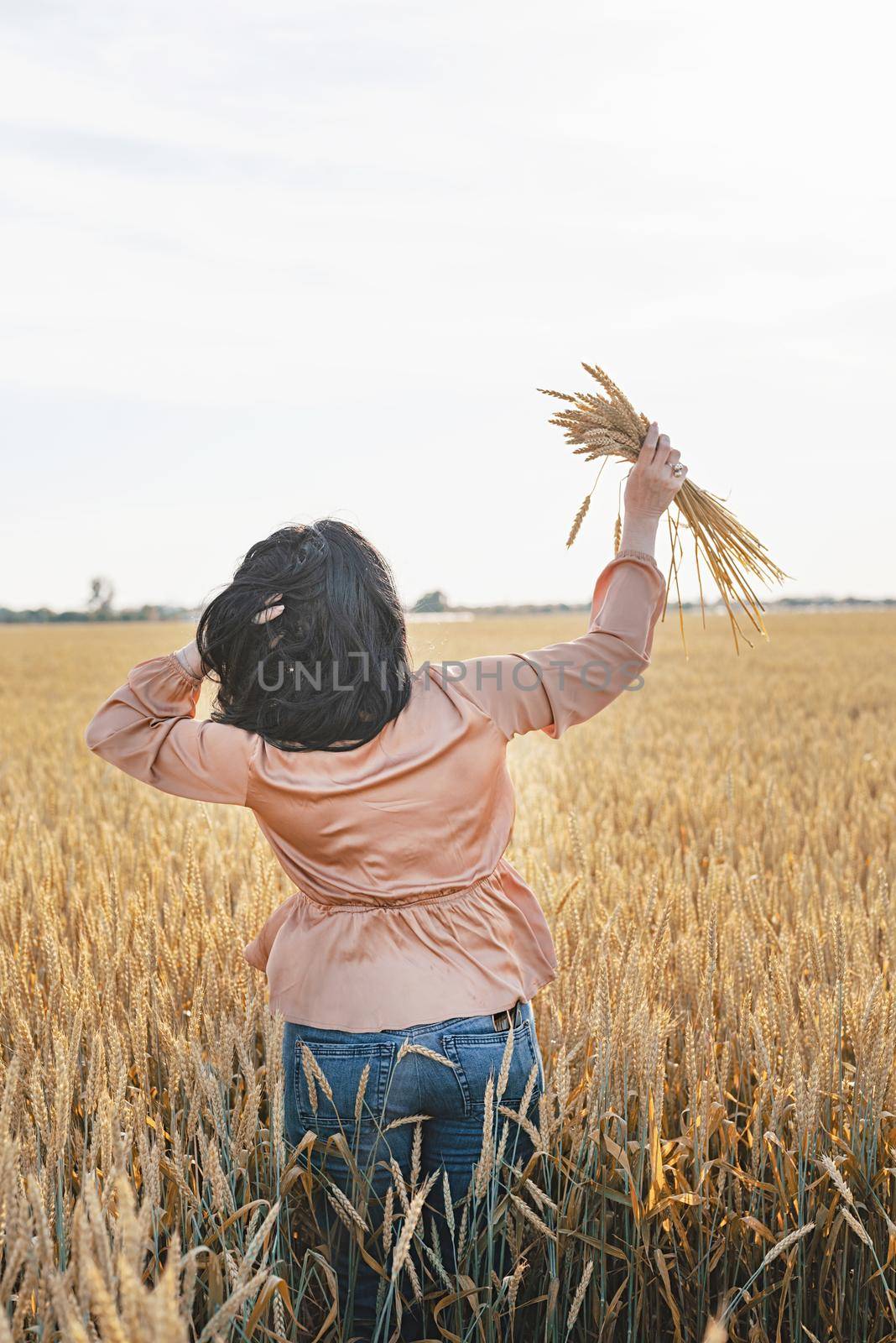 Mid adult woman in beige shirt walking across golden field holding heap of rye lit by sunset light, copy space