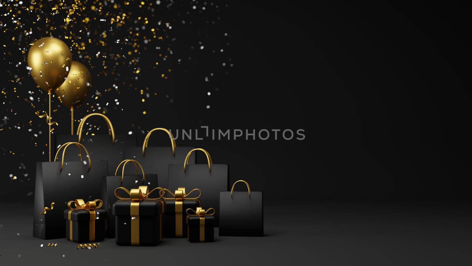 Black friday sale banner design of gift box and shopping bag with confetti falling 3d render by Myimagine