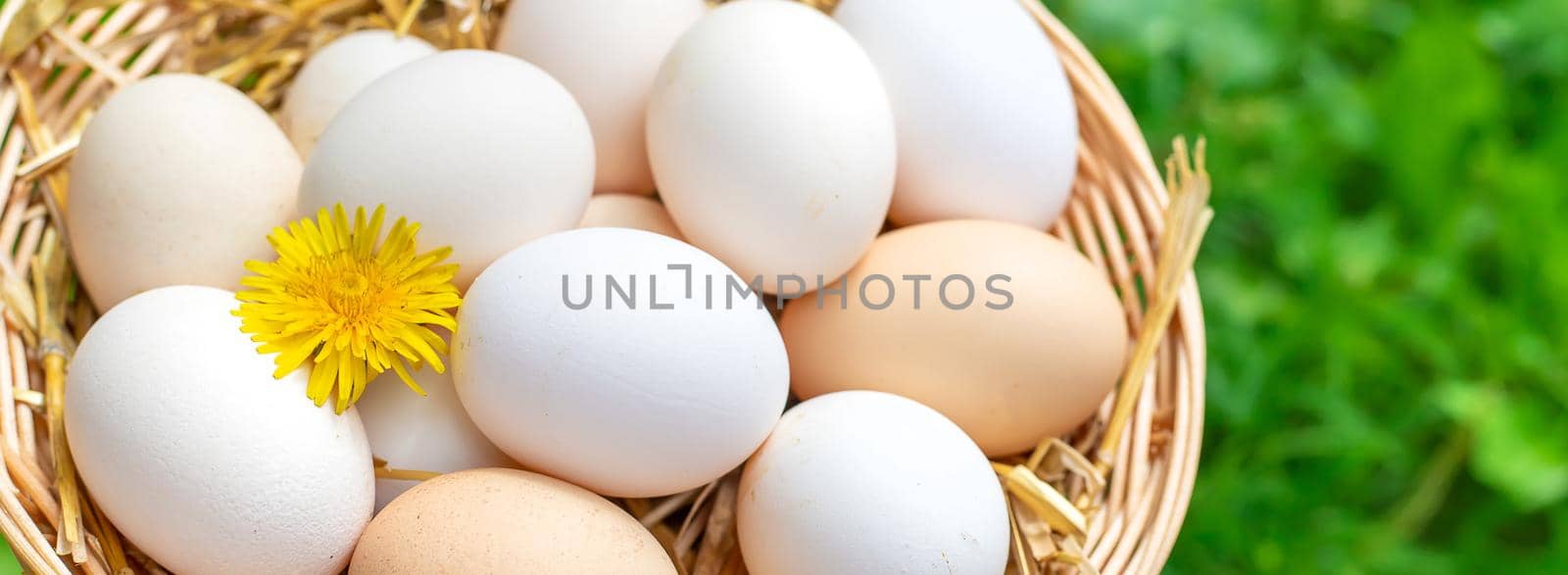 Homemade chicken eggs in a basket. Selective focus. nature.