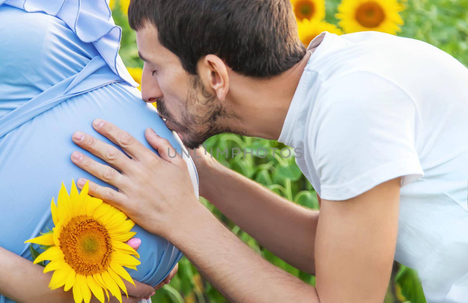 Pregnant woman and man in a field of sunflowers. Selective focus. by yanadjana