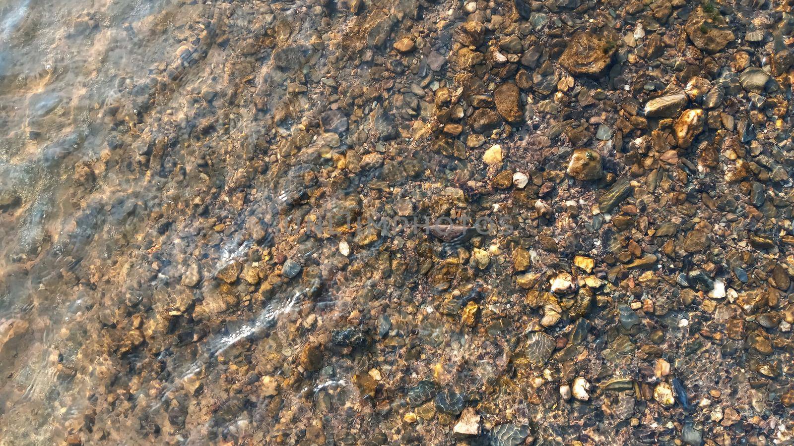 Top view on colorful pebbles covered by water. Close up view of smooth round pebble stones on the beach.