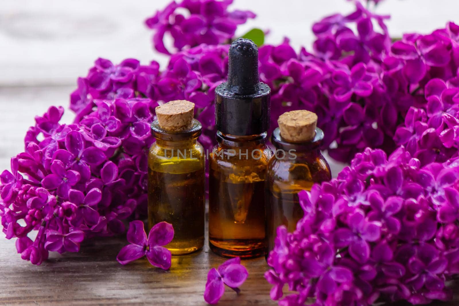 Lilac essential oil in a small bottle. Selective focus. Nature.