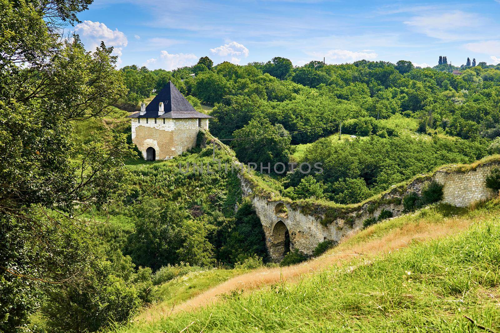 a military stronghold, especially a strongly fortified town fit for a large garrison. An ancient fortress wall with a watchtower on the hills overgrown with trees and greenery.