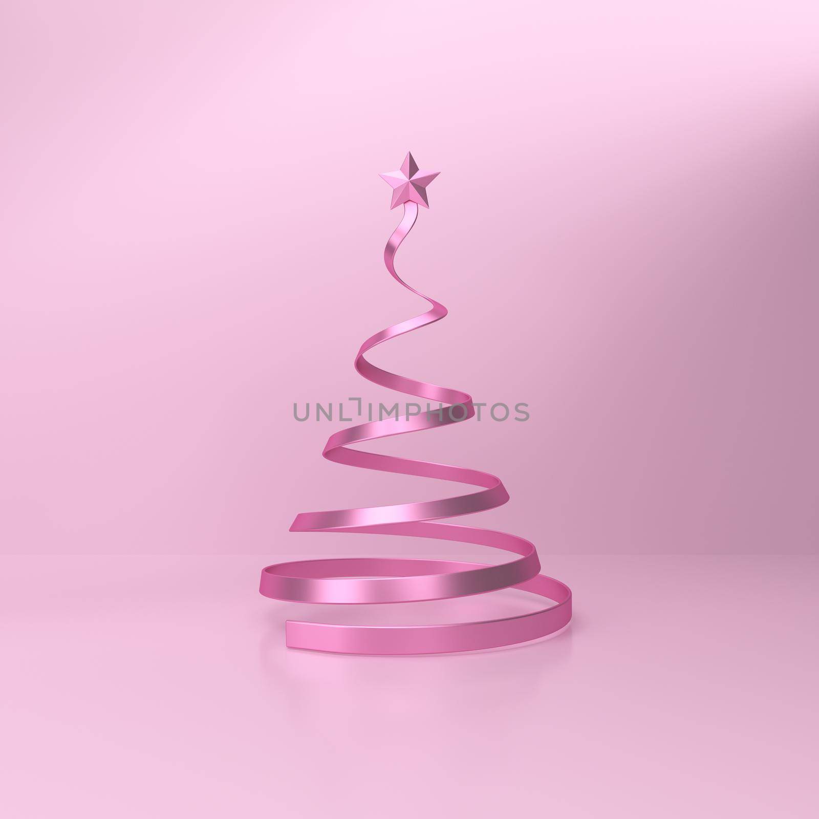 Big star at the top on a christmas tree in studio background in pink. 3D Rendering