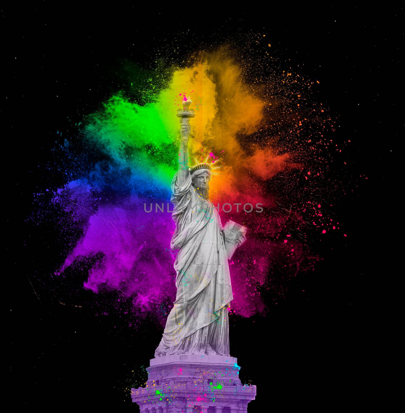 Statue of Liberty with colorful rainbow holi paint dust explosion isolated on black background by Mariakray