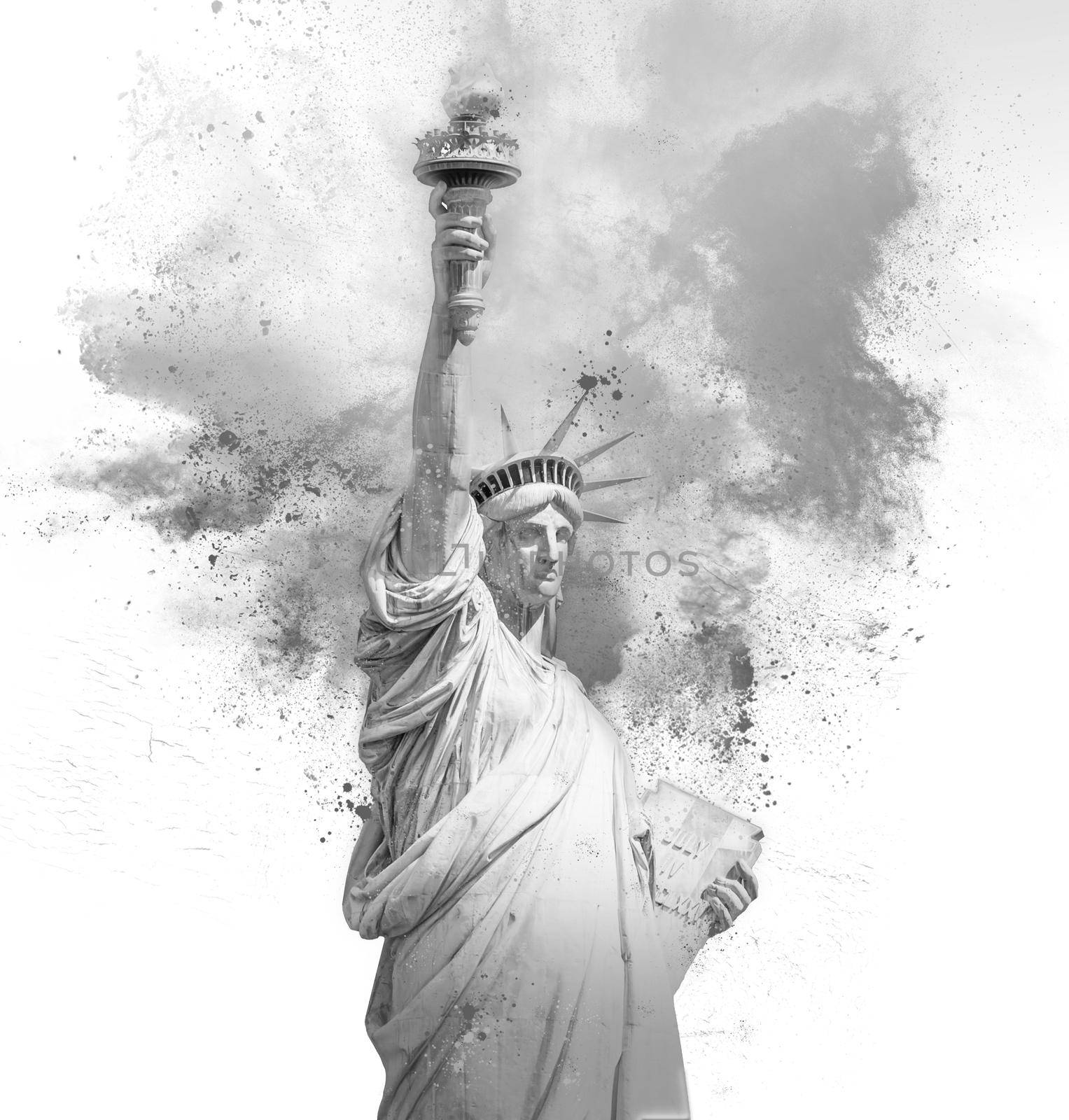 Black and white Statue of Liberty with holi paint powder explosion isolated on white background